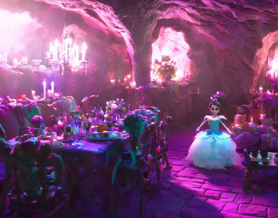 Colorful cave scene: festive table, candles, girl in fancy dress, surrounded by skeletal figures