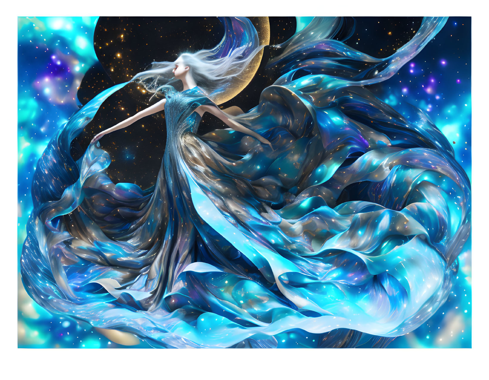 Ethereal figure in flowing blue robes blending with cosmic backdrop