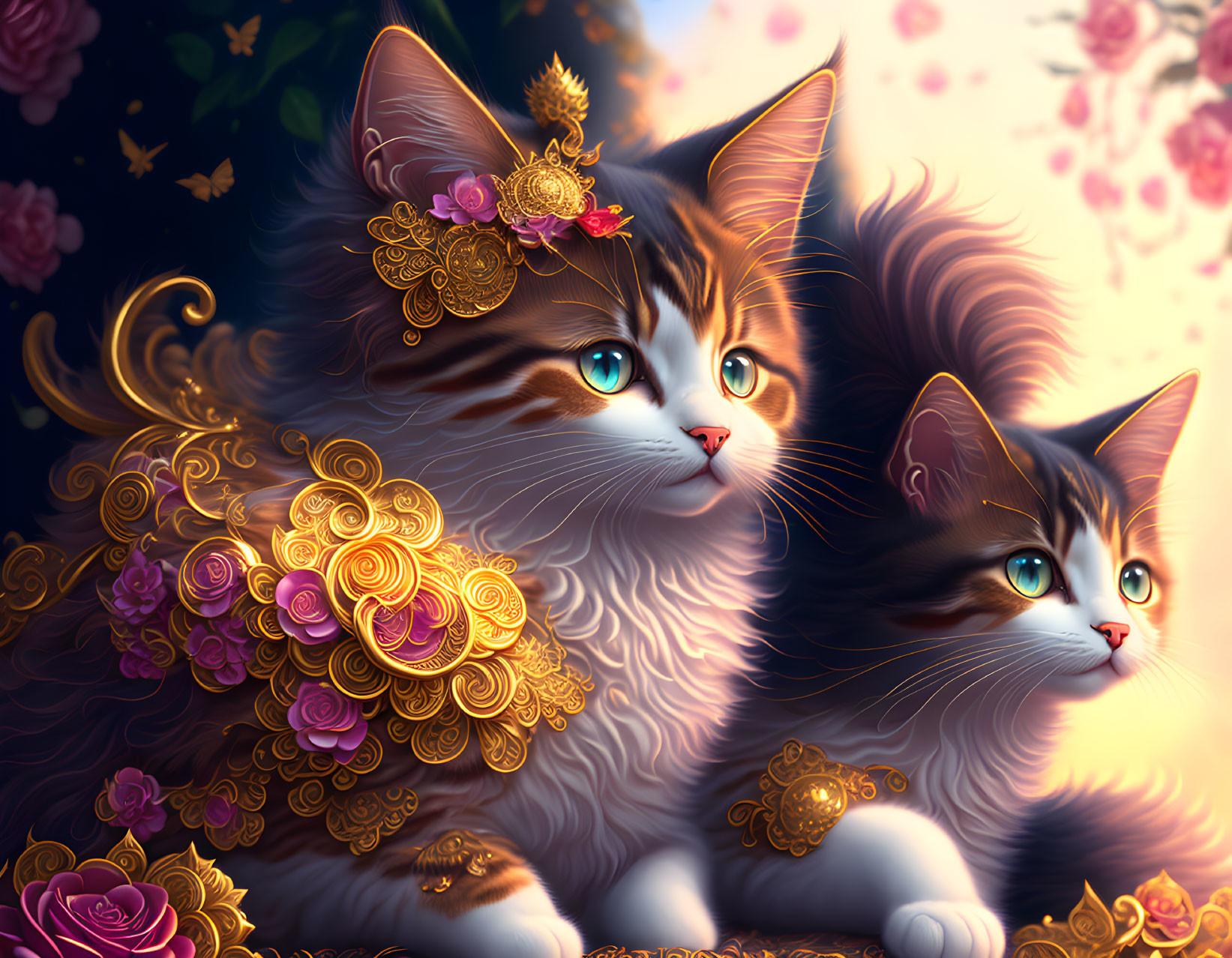 Ornately adorned cats with golden embellishments on floral backdrop