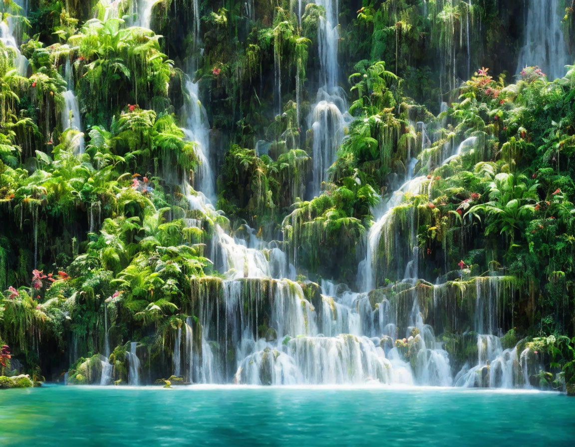 Serene Waterfall Scene with Lush Greenery and Blue Pool