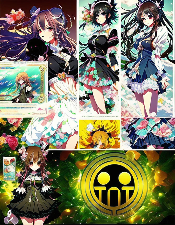 Anime-style female characters in varied outfits and poses with vibrant floral backgrounds and stylized yellow emblem