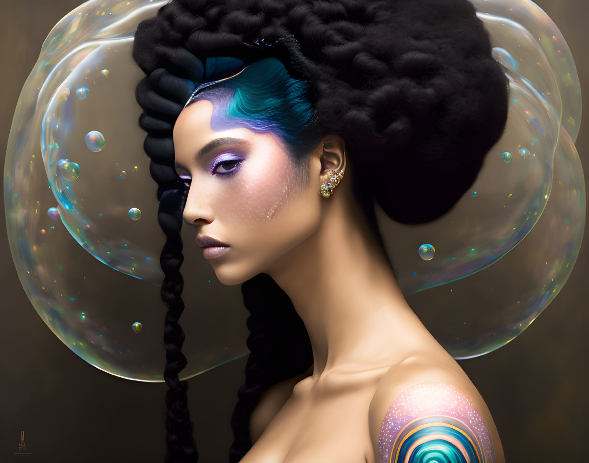 Surrealist portrait of a woman with blue hair and bubbles