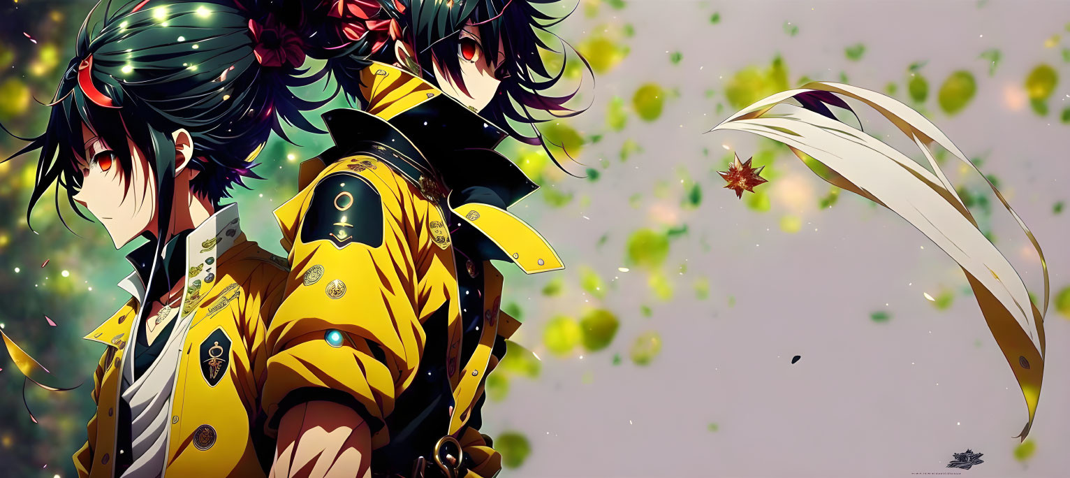 Anime characters in black and yellow outfits with floating leaves and glowing particles on abstract background