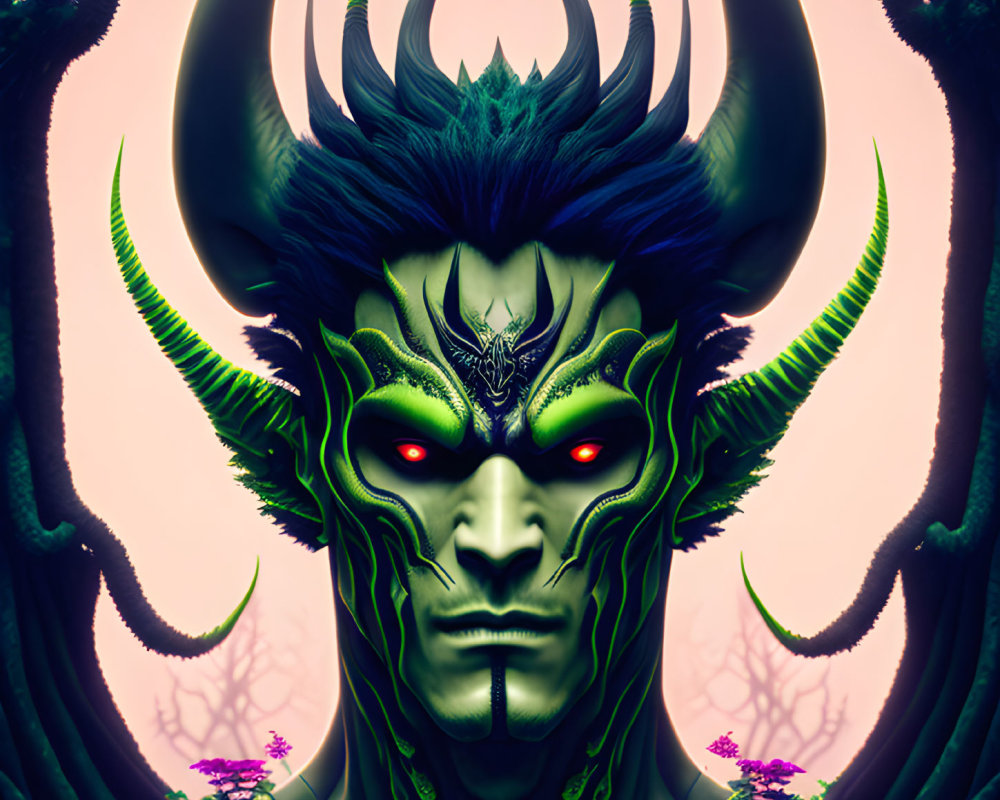 Symmetrical digital artwork of green-skinned creature with red eyes and black horns in mystical purple forest