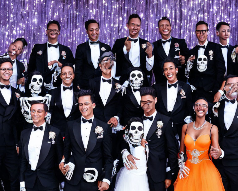 Formal Attired Group in Skull Masks at Festive Event with Sparkly Backdrop