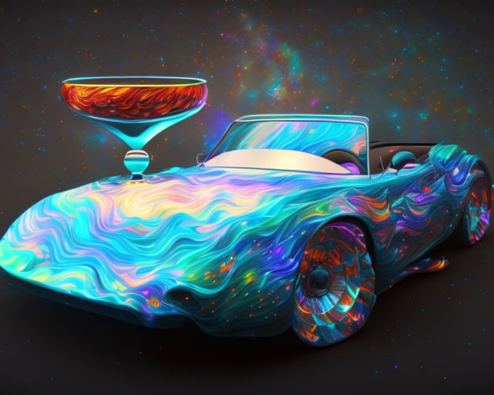 Colorful Classic Convertible Car and Luminous Cocktail Glass Under Starry Sky