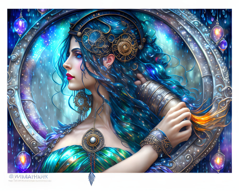 Fantastical illustration of woman with blue wavy hair and telescope surrounded by orbs