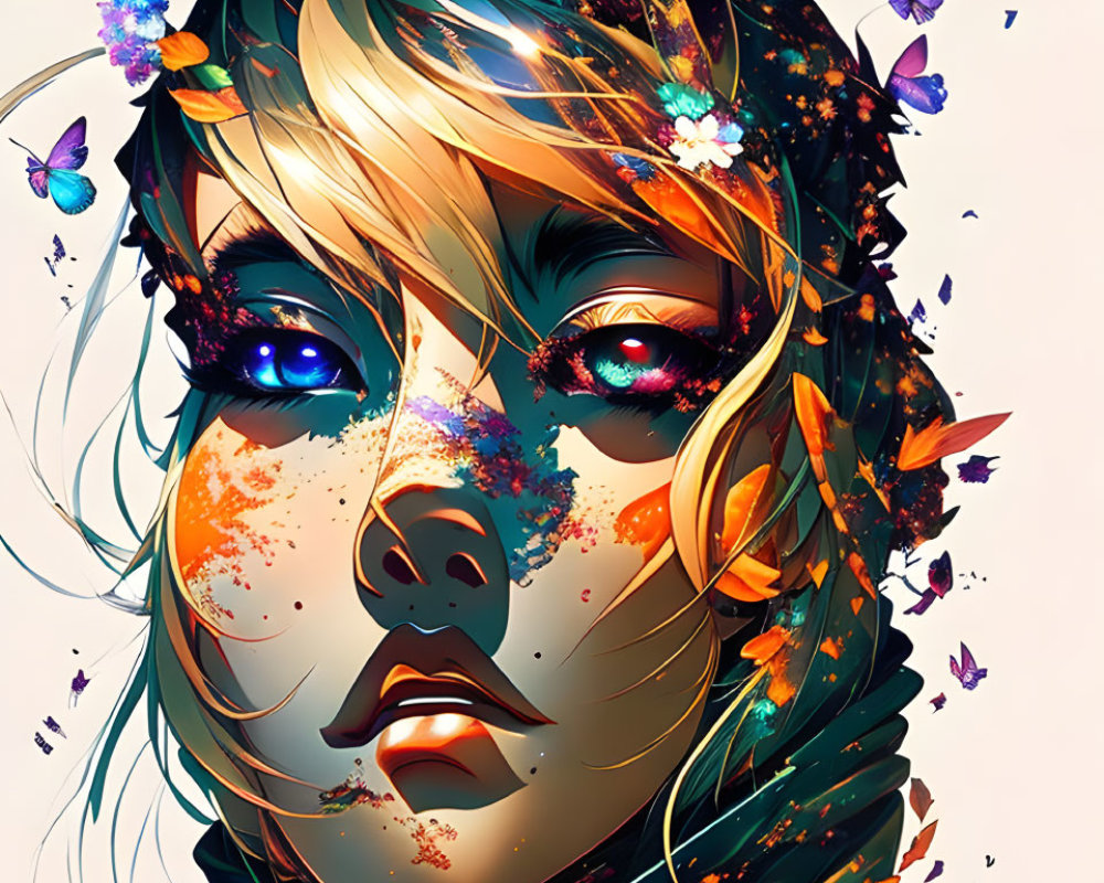 Colorful digital portrait featuring woman with butterflies and vibrant splashes.