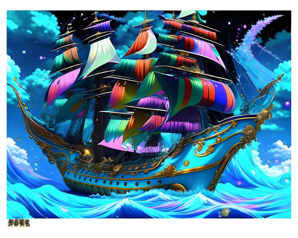 Colorful Galleon with Vibrant Sails Sailing on Tumultuous Sea