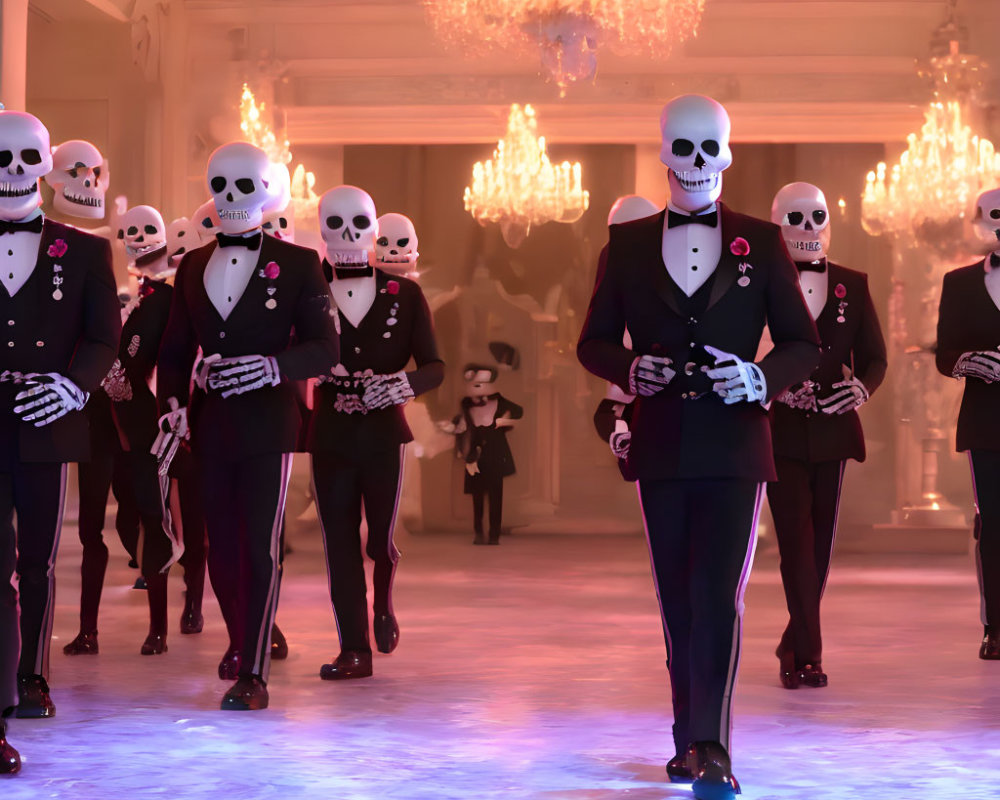 Group of people in skull masks in grand ballroom with chandeliers