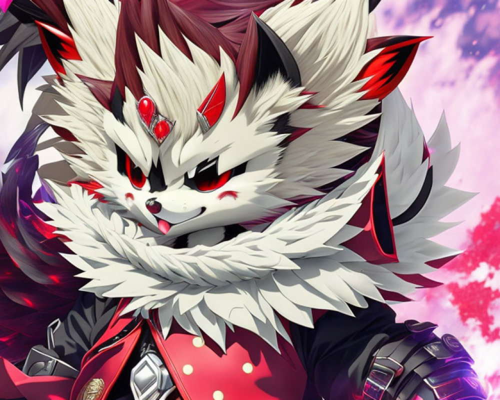 Illustrated character with white and red fur, sharp eyes, fierce expression, armor, vivid backdrop