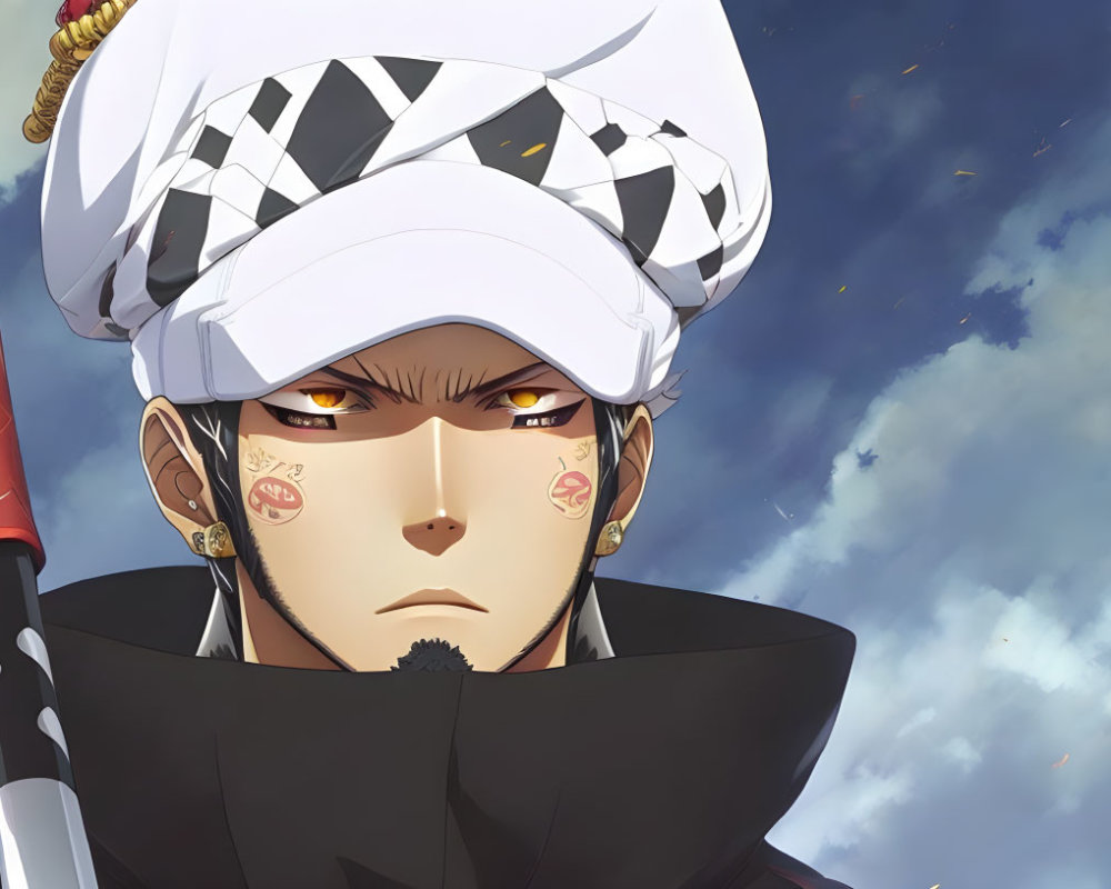 Animated character with checkered headband and sword against sky backdrop