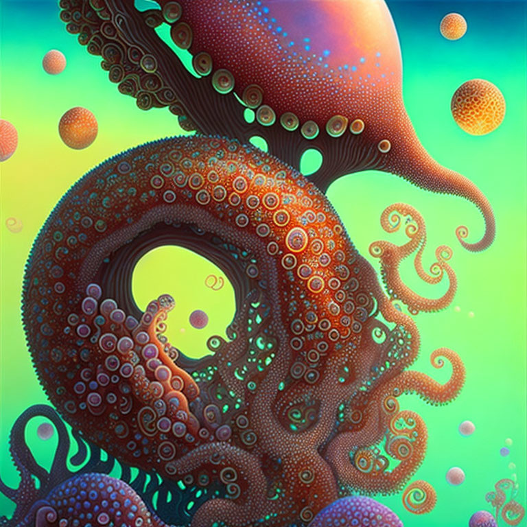 Colorful Digital Art: Surreal Octopi on Green-Blue Gradient