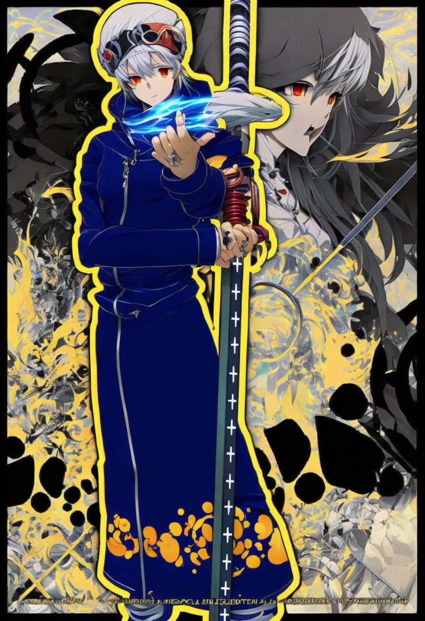 Anime-style characters in blue and black outfits with sword, amid yellow abstract patterns and paw prints