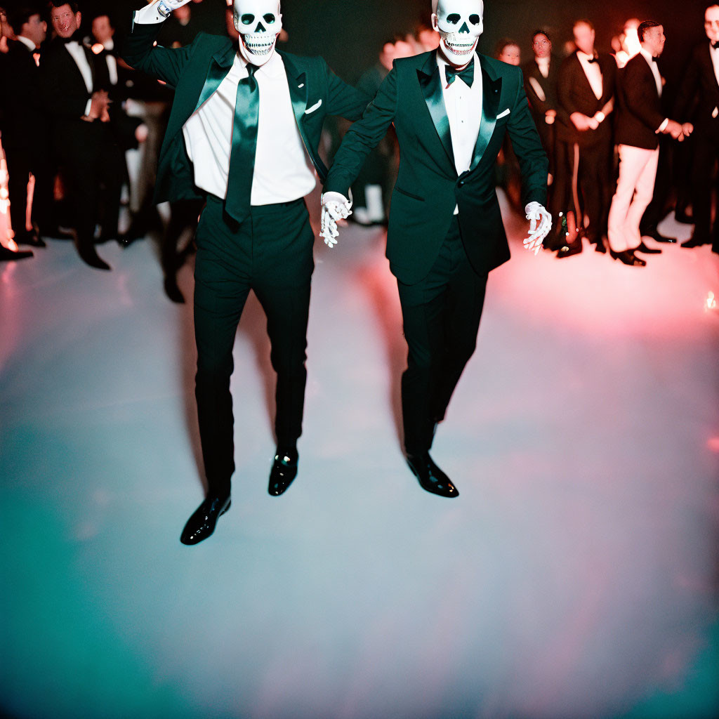 Energetic dancers in skull masks at party scene