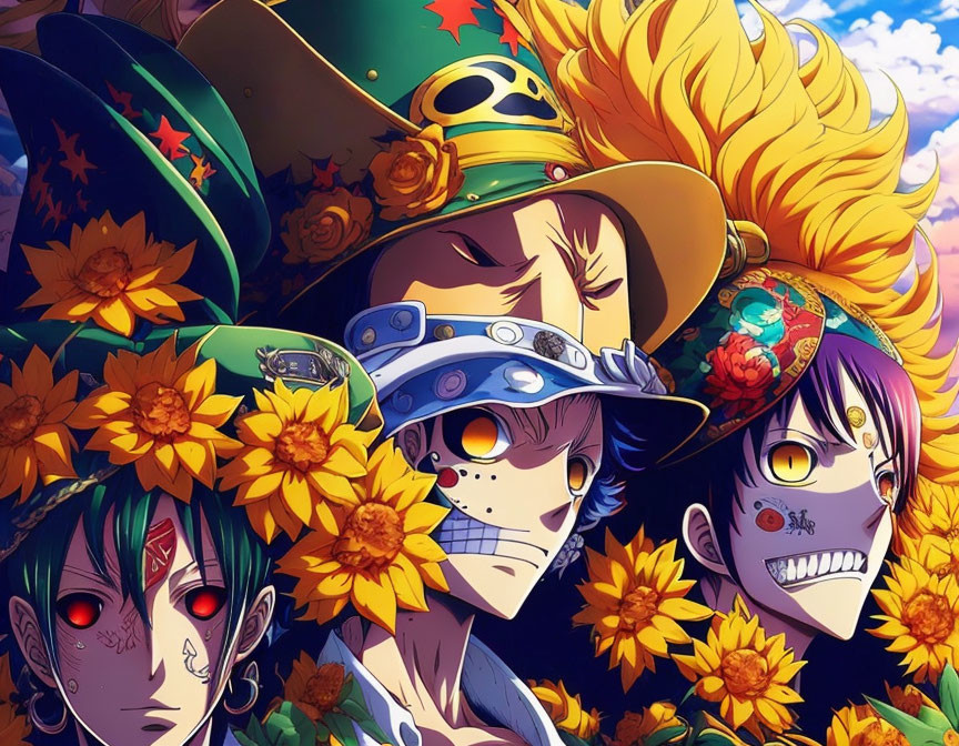 Three expressive animated characters in hats among sunflowers, one with fiery hair