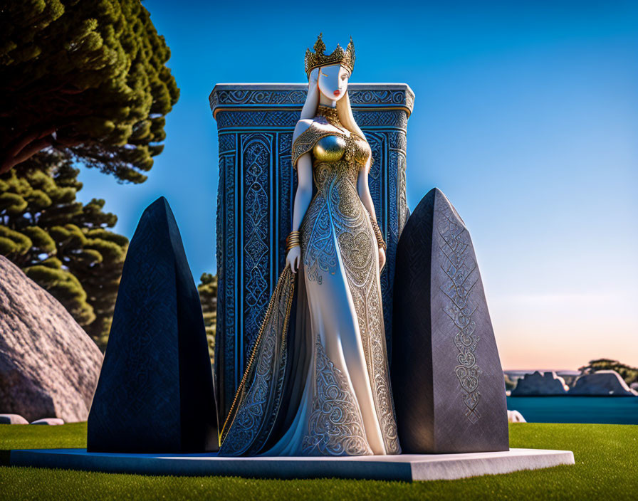 Queen in Golden and Blue Attire Stands Among Ornate Panels