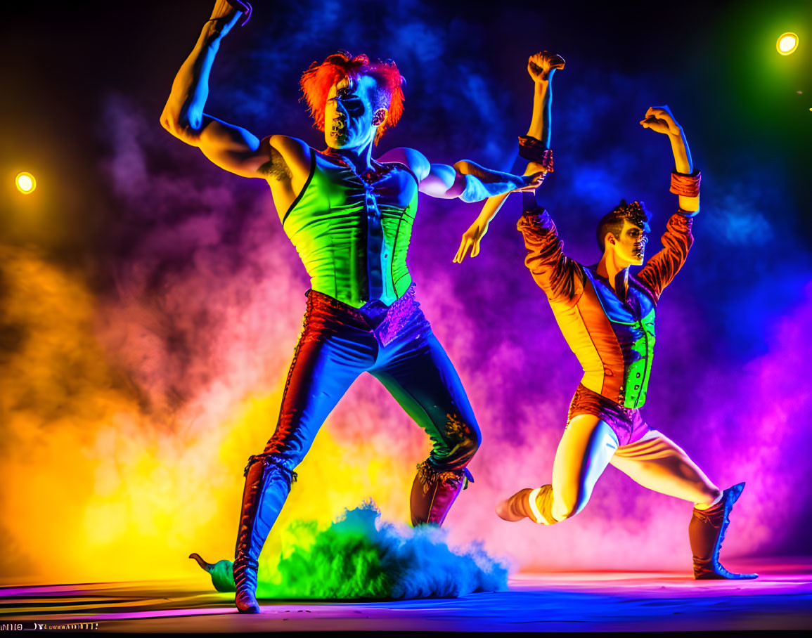 Colorful Hair Dancers in Dynamic Poses on Vibrant Stage