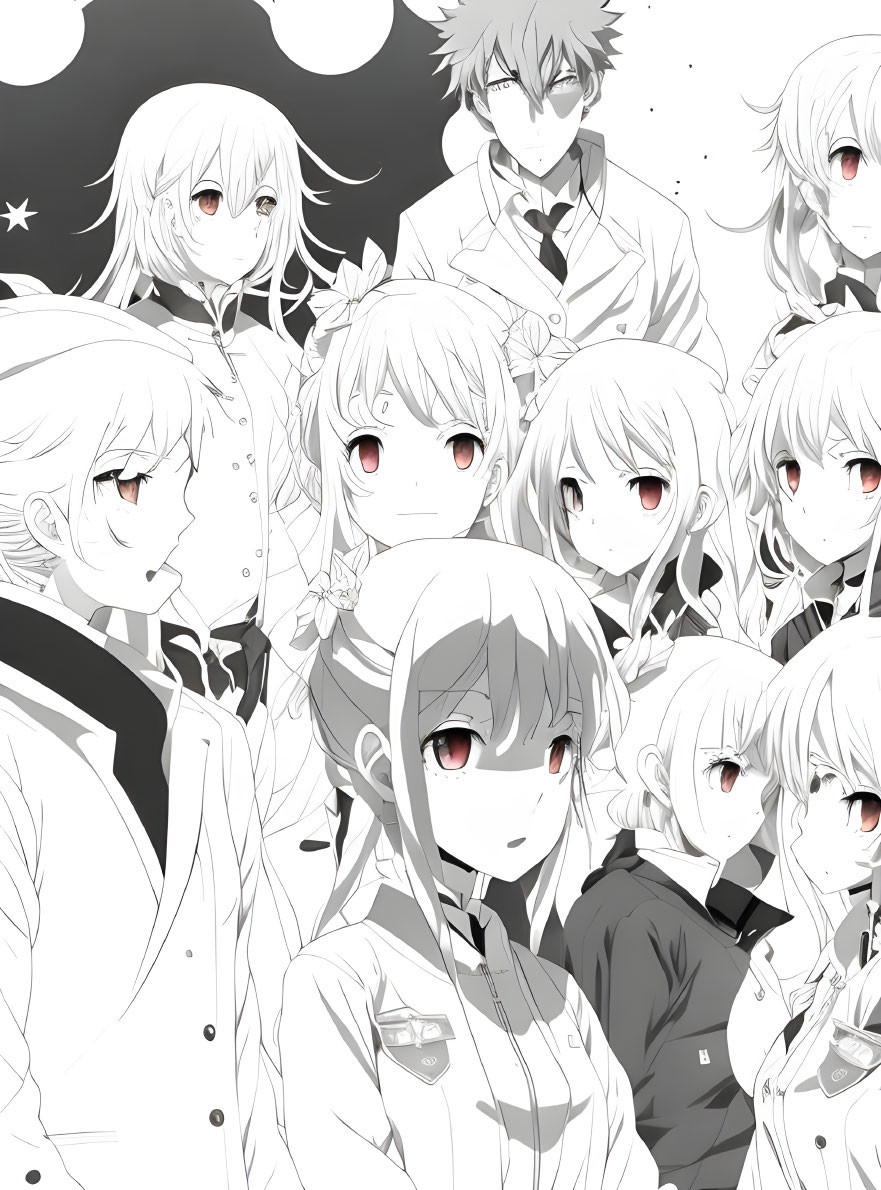 Monochrome anime-style group illustration with central female figure and multiple faces in starry background.