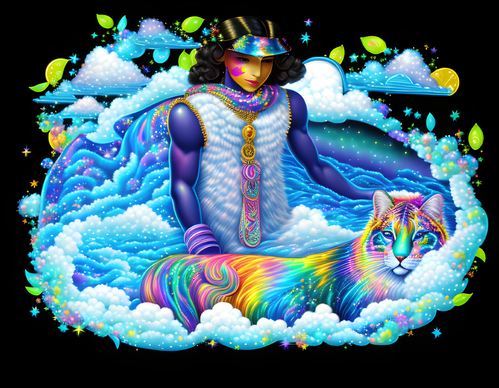 Colorful cosmic illustration of ethereal figure with starscape cloak and celestial tiger in clouds.