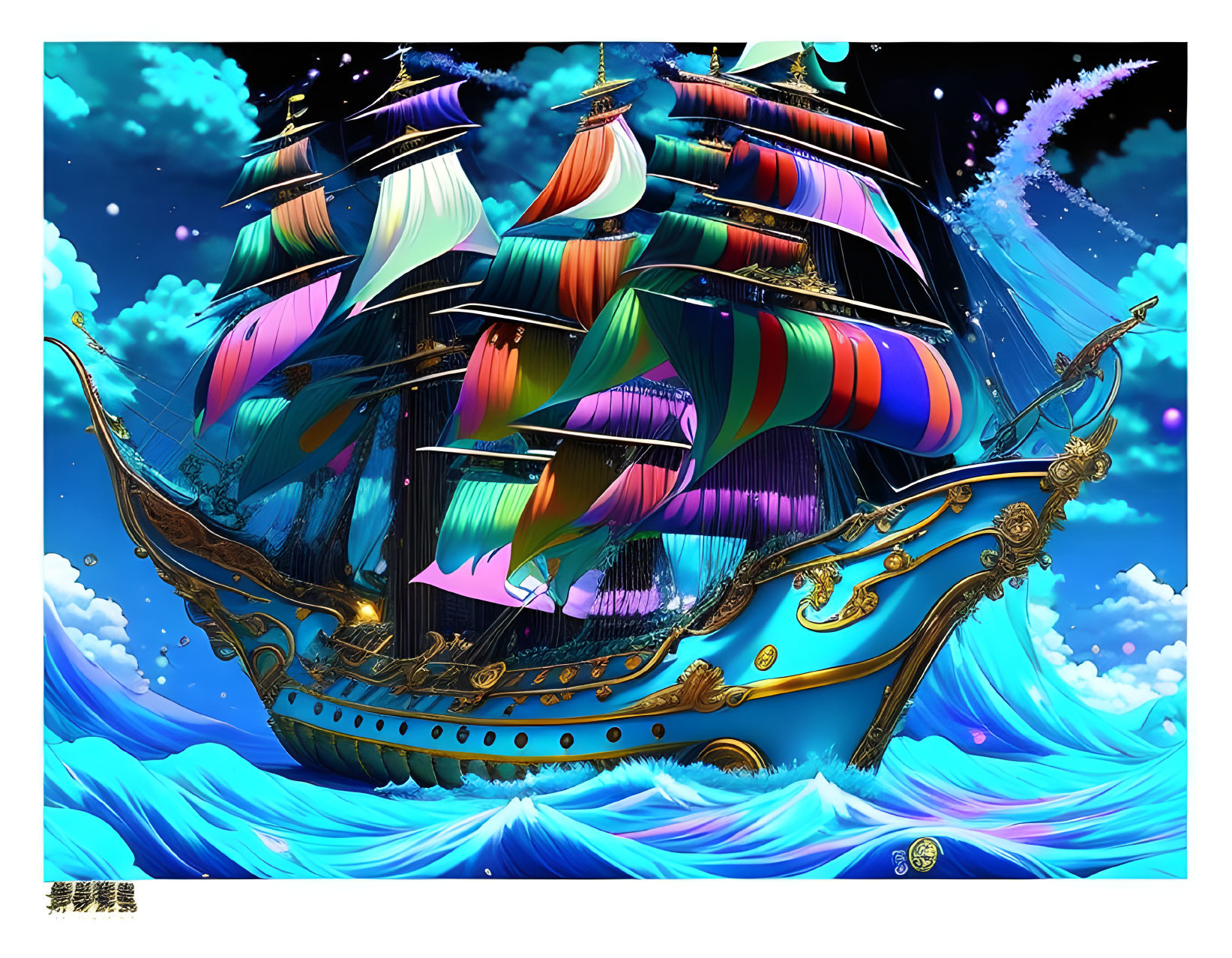 Colorful Galleon with Vibrant Sails Sailing on Tumultuous Sea