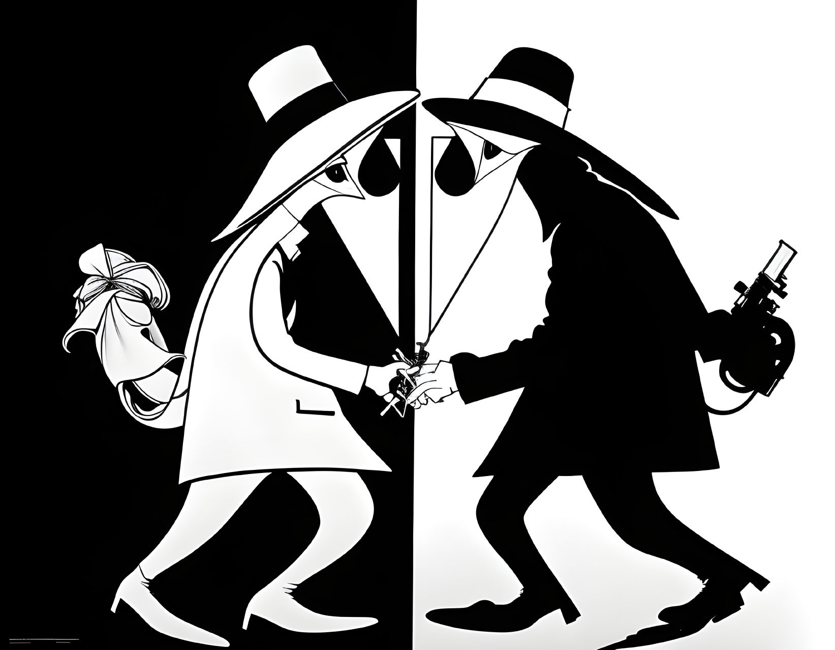 Stylized black and white split illustration of mirrored figures in trench coats and fedoras