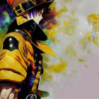 Anime characters in black and yellow outfits with floating leaves and glowing particles on abstract background