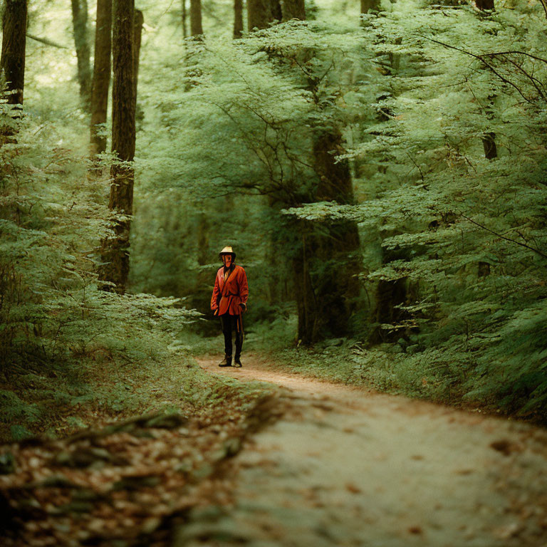 Person in Red Jacket and Hat on Forest Path Surrounded by Green Trees