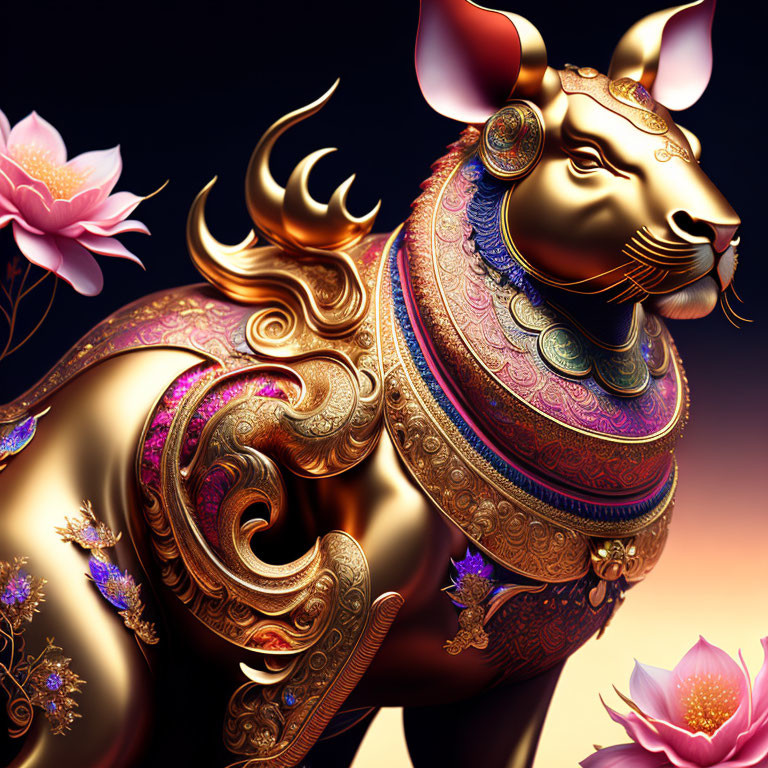 Stylized golden bull with intricate designs and floral background