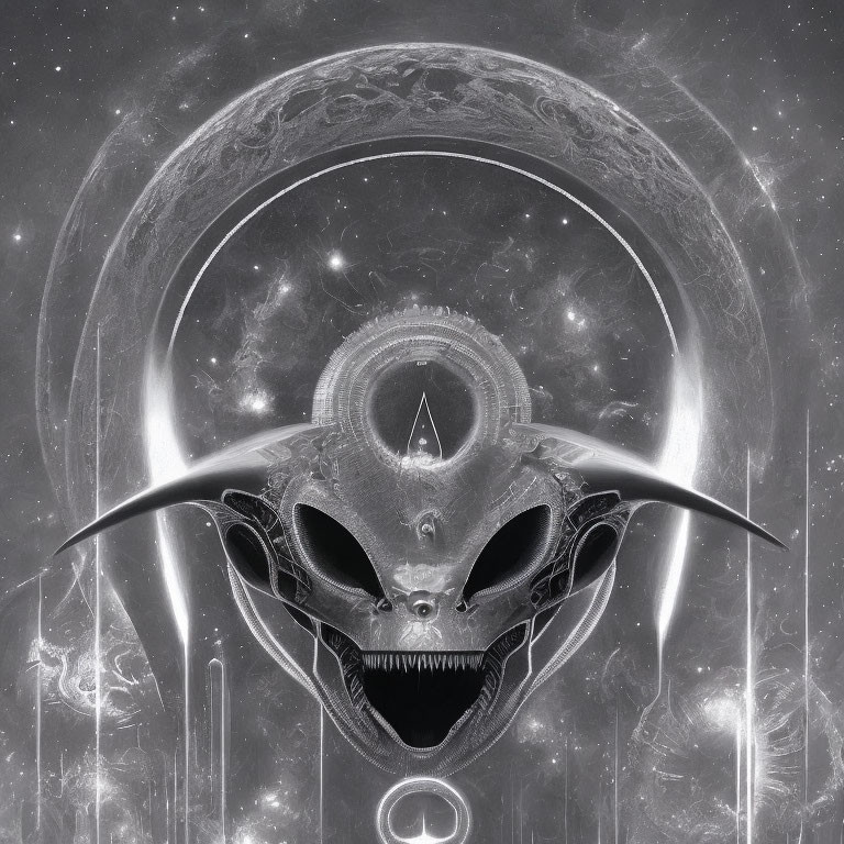 Intricate Monochrome Alien Figure with Cosmic Background