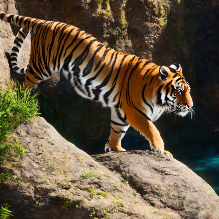 Majestic tiger on boulder with lush cliffs and blue water