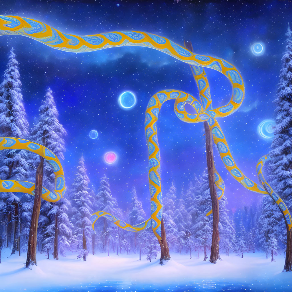 Glowing golden serpentine structures in snowy forest under starry sky