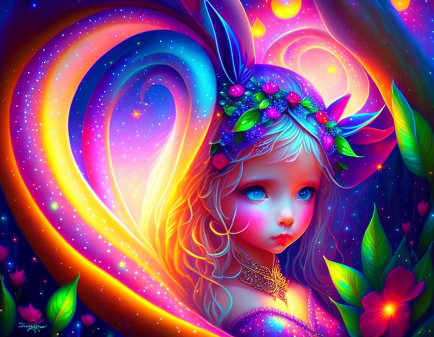 Whimsical girl with big blue eyes and colorful flowers on cosmic background