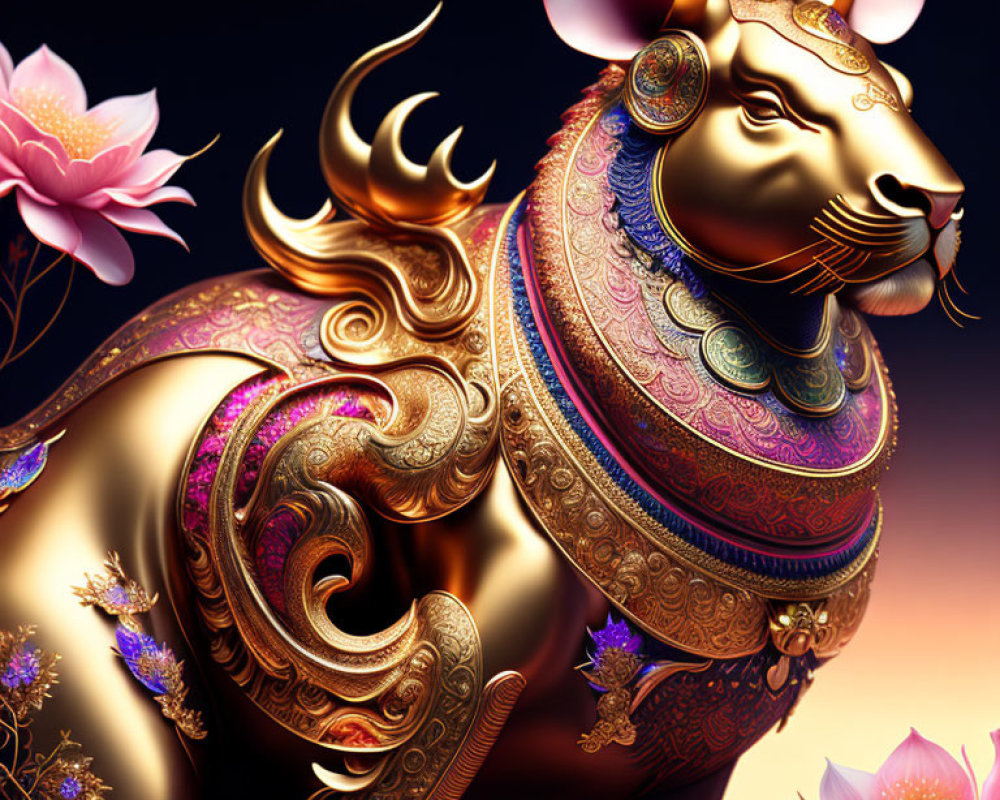 Stylized golden bull with intricate designs and floral background