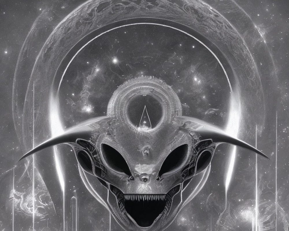 Intricate Monochrome Alien Figure with Cosmic Background