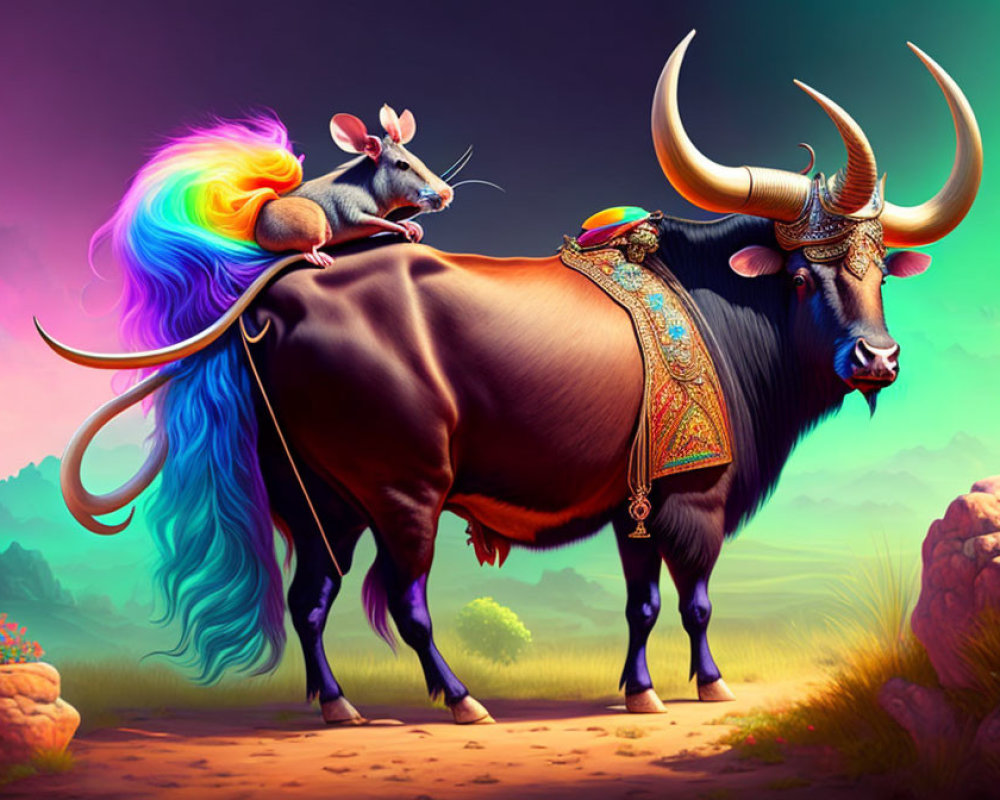 Colorful bull illustration with iridescent horns and rainbow tail, featuring a mouse on its back,