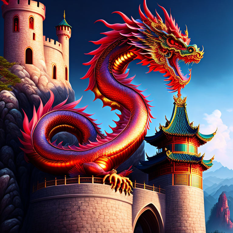 Majestic red and gold dragon coiled around ancient pagoda-style castle