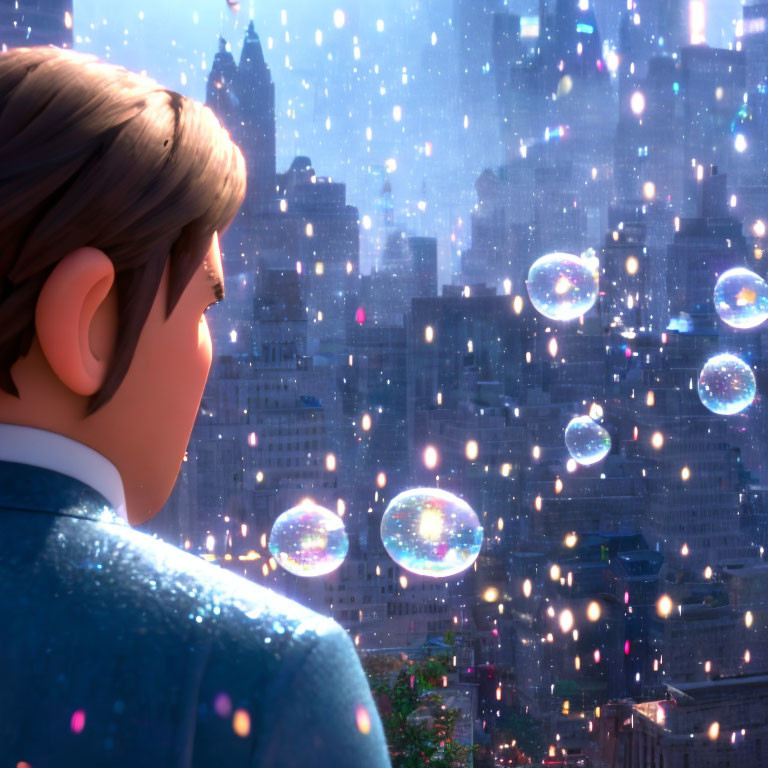 Animated character in sunlit cityscape with floating soap bubbles