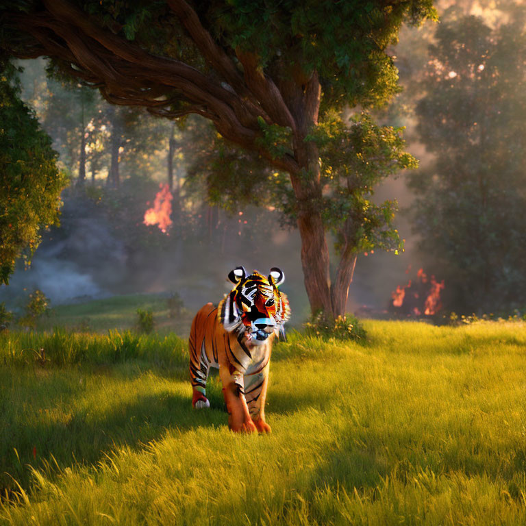 Striped tiger in sunlit forest glade with vibrant coat