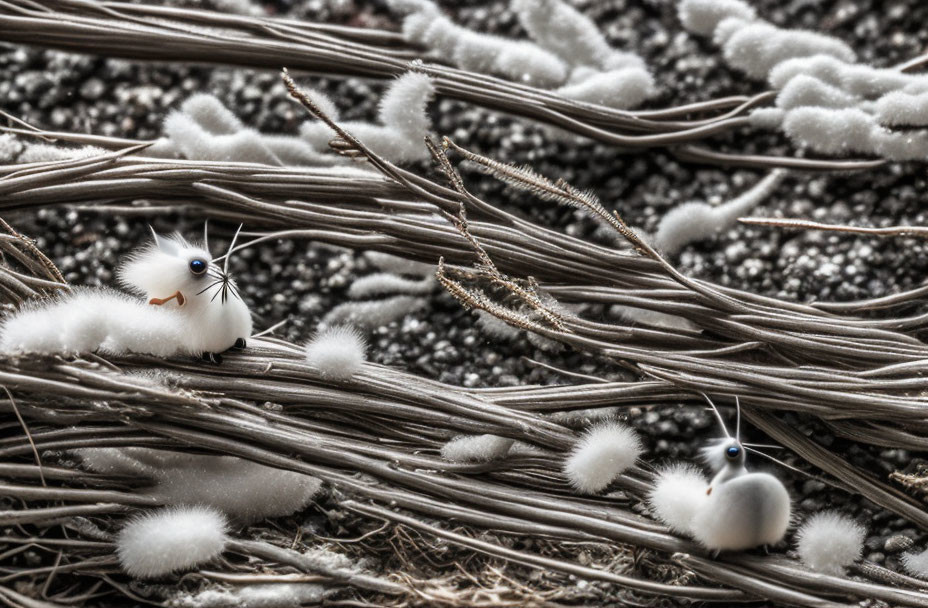 Miniature fluffy white toy birds perched on dried plant stems and soft white textures