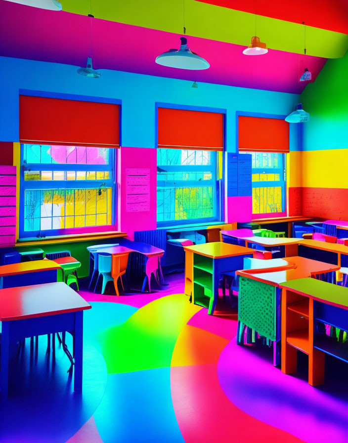 Colorful Rainbow Classroom Decor with Vibrant Furniture & Flooring