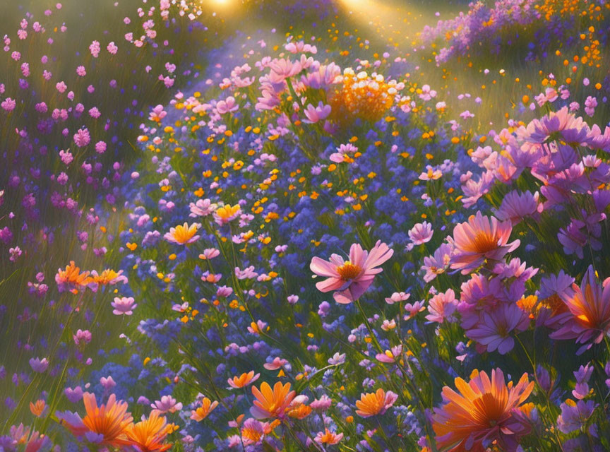 Colorful wildflower field under warm sunlight with floating particles