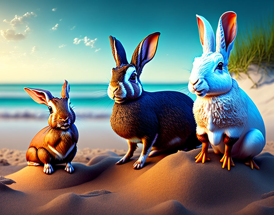 Stylized rabbits with human-like eyes on sandy beach at sunset