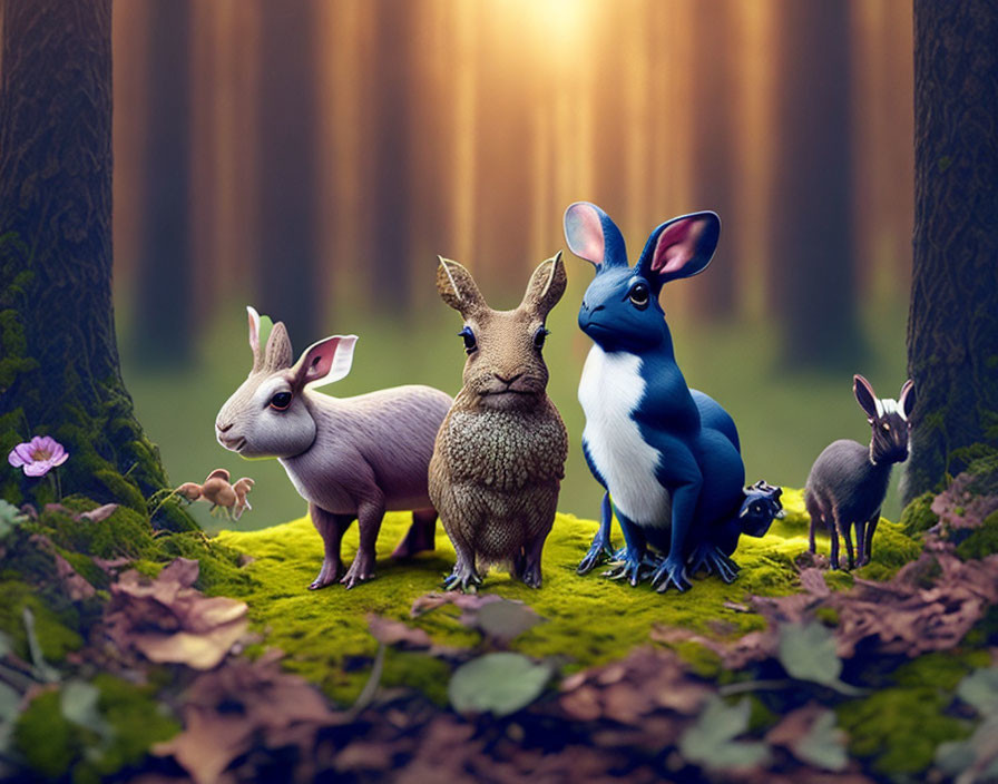 Whimsical image: Rabbits with animal textures in serene forest