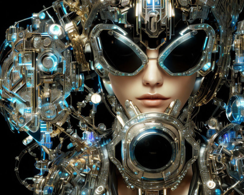 Detailed portrait of female figure in futuristic metallic headpiece and dark sunglasses with intricate mechanical designs and glowing blue