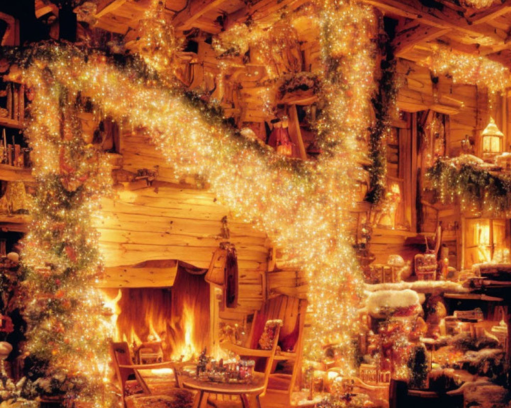 Festive log cabin interior with Christmas decorations