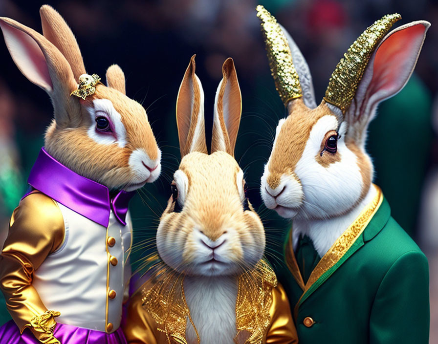 Three people in detailed rabbit costumes with realistic masks and colorful jackets pose together