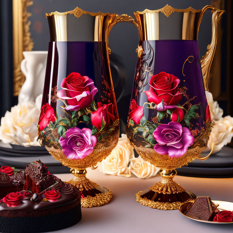 Elegant table setting with ornate wine glasses, rose designs, heart-shaped cake, and chocolates