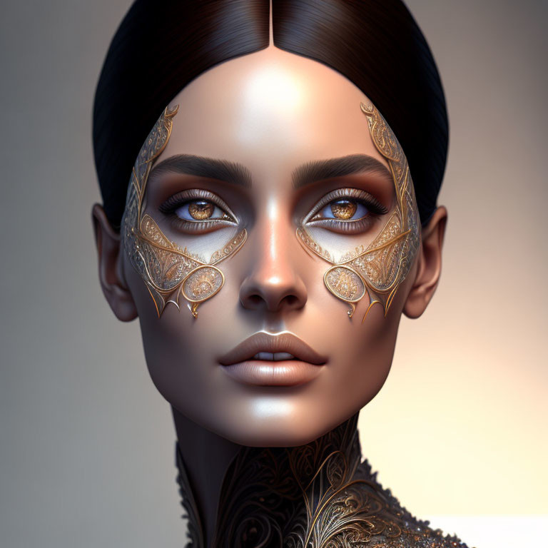 Detailed Digital Portrait of Woman with Golden Facial Jewelry