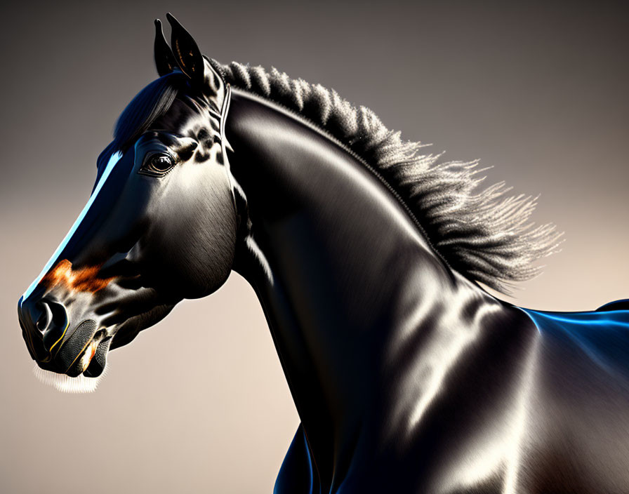 Majestic black horse with glossy coat and well-groomed mane on neutral background